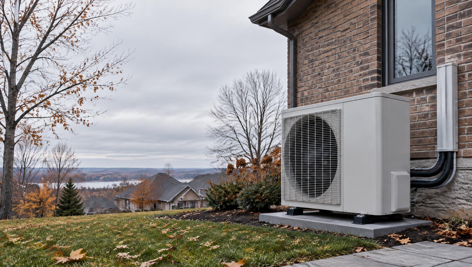 A cold-climate heat pump installed beside a brick home in Eastern Ontario in late autumn
